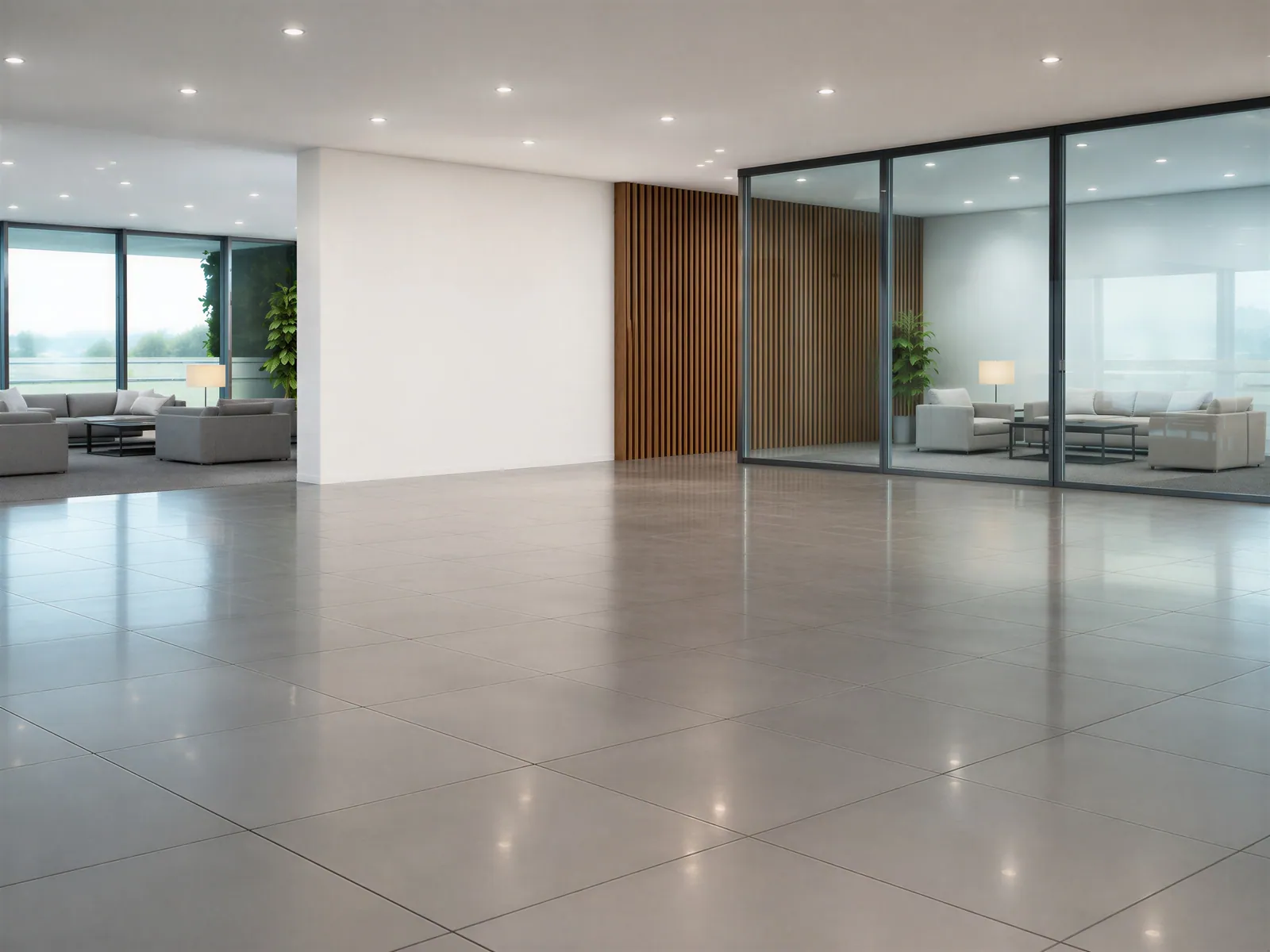 The “Modern showroom, wood panel and glass” background on its own, with no vehicle.