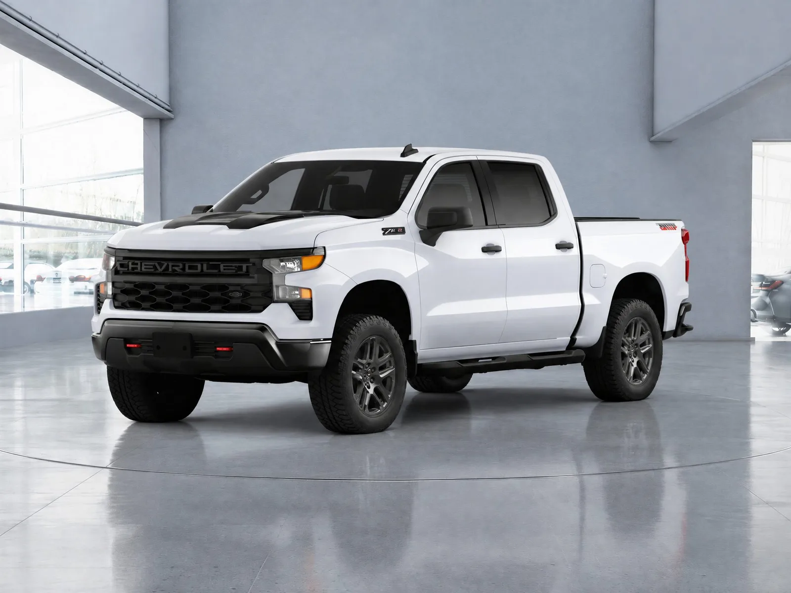 Pickup truck on the “Blue-grey showroom, side window, ring” background.