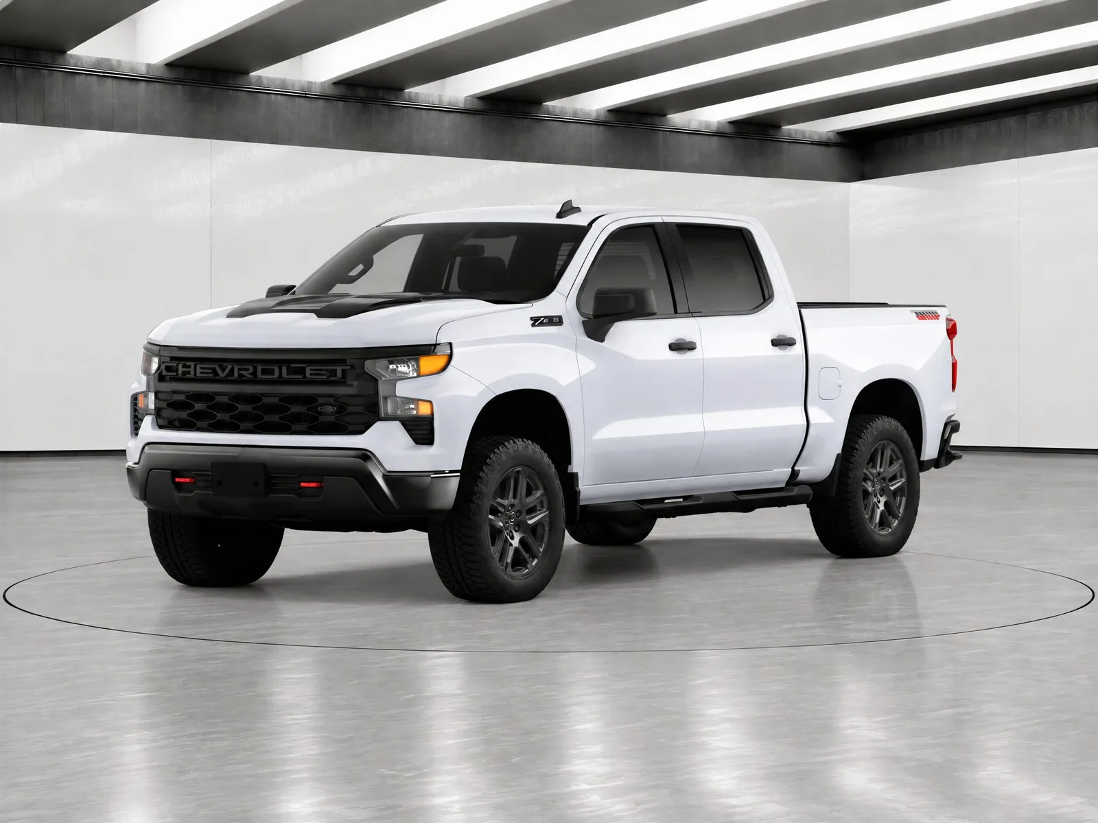 Pickup truck on the “Light-beam hall, pale floor, ring” background.