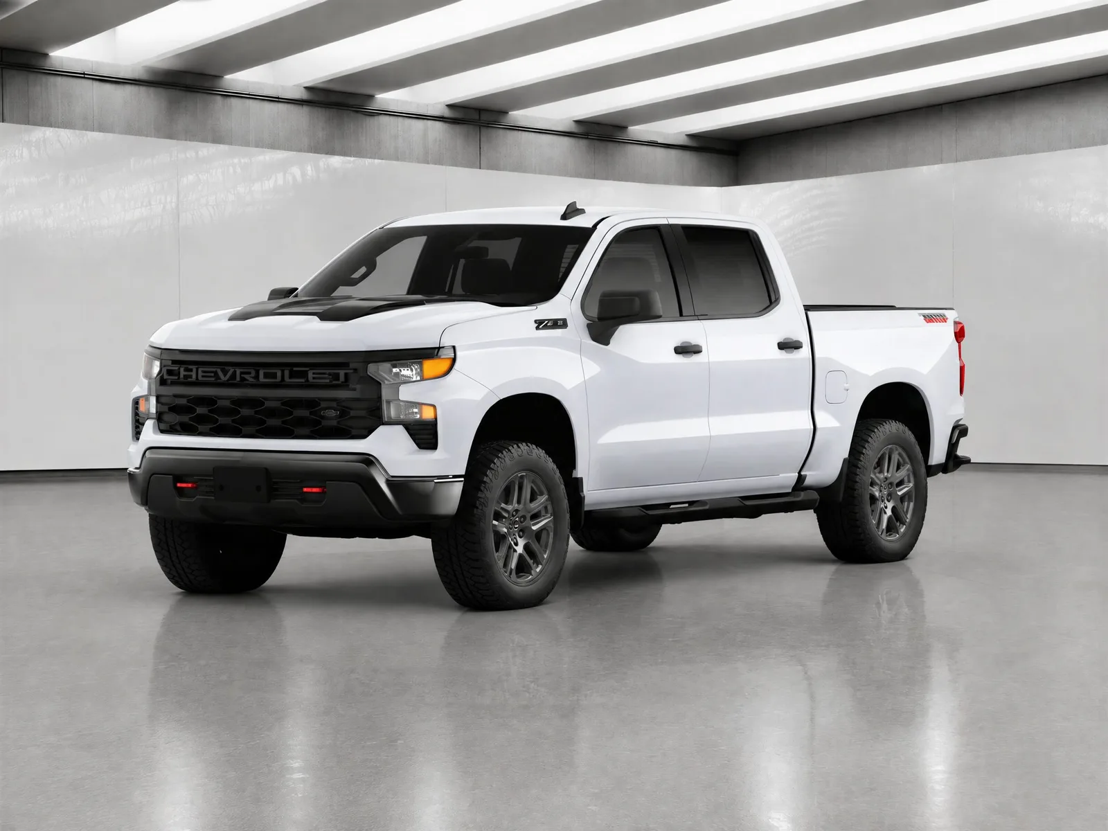 Pickup truck on the “Light-beam hall, grey floor” background.