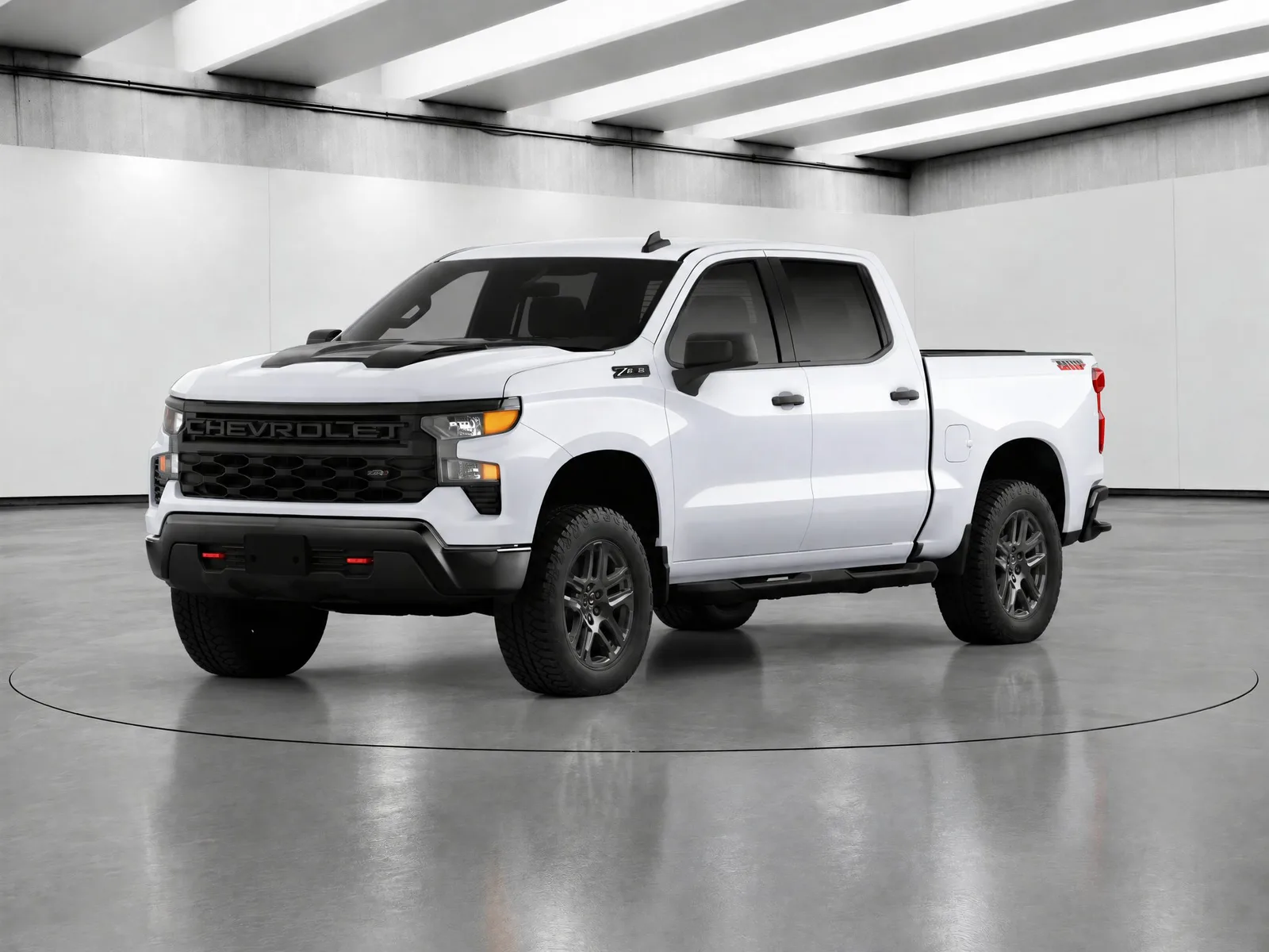 Pickup truck on the “Light-beam hall, glossy floor, ring” background.