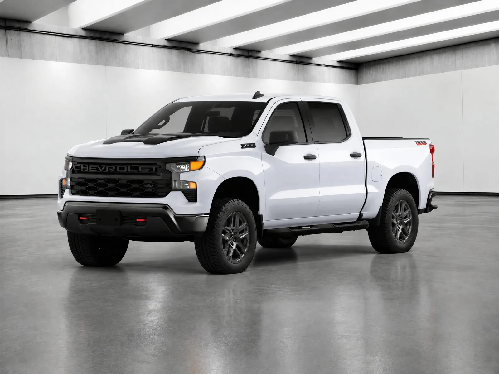 Pickup truck on the “Light-beam hall, glossy floor” background.