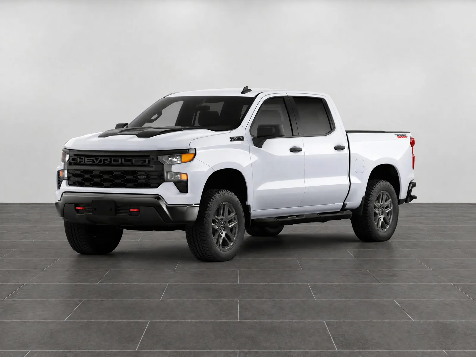 Pickup truck on the “White wall, slate tile floor” background.
