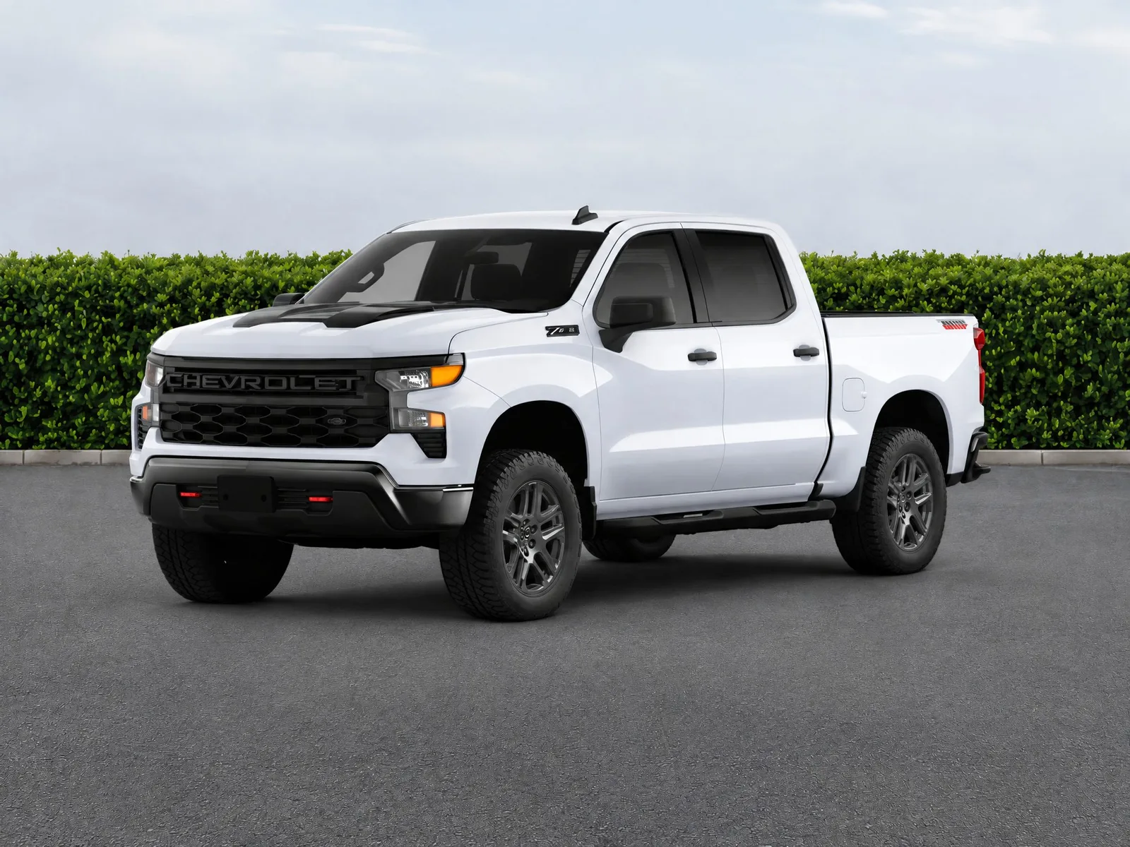 Pickup truck on the “Hedge and lined asphalt” background.