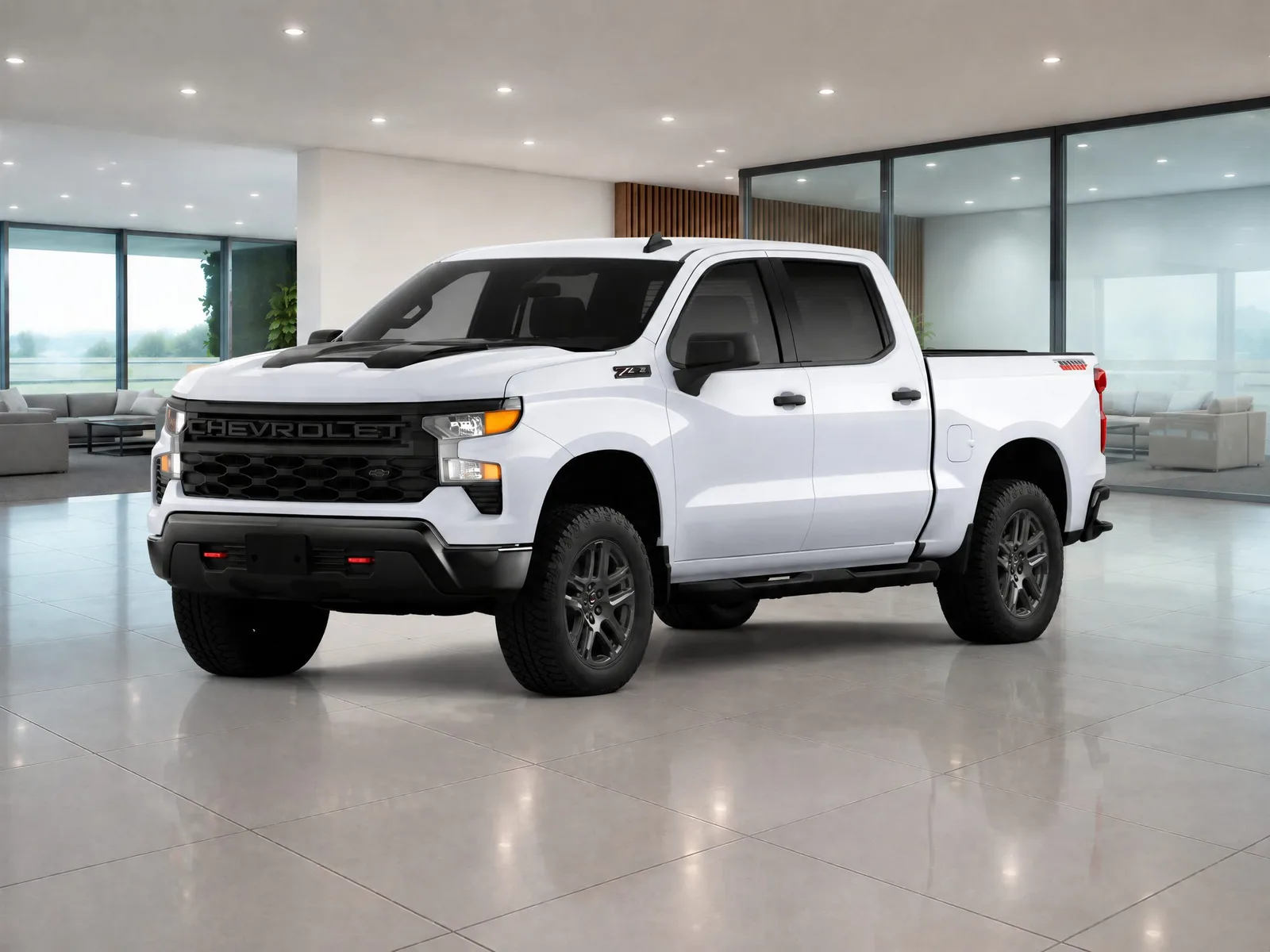 Pickup truck on the “Modern showroom, wood panel and glass” background.