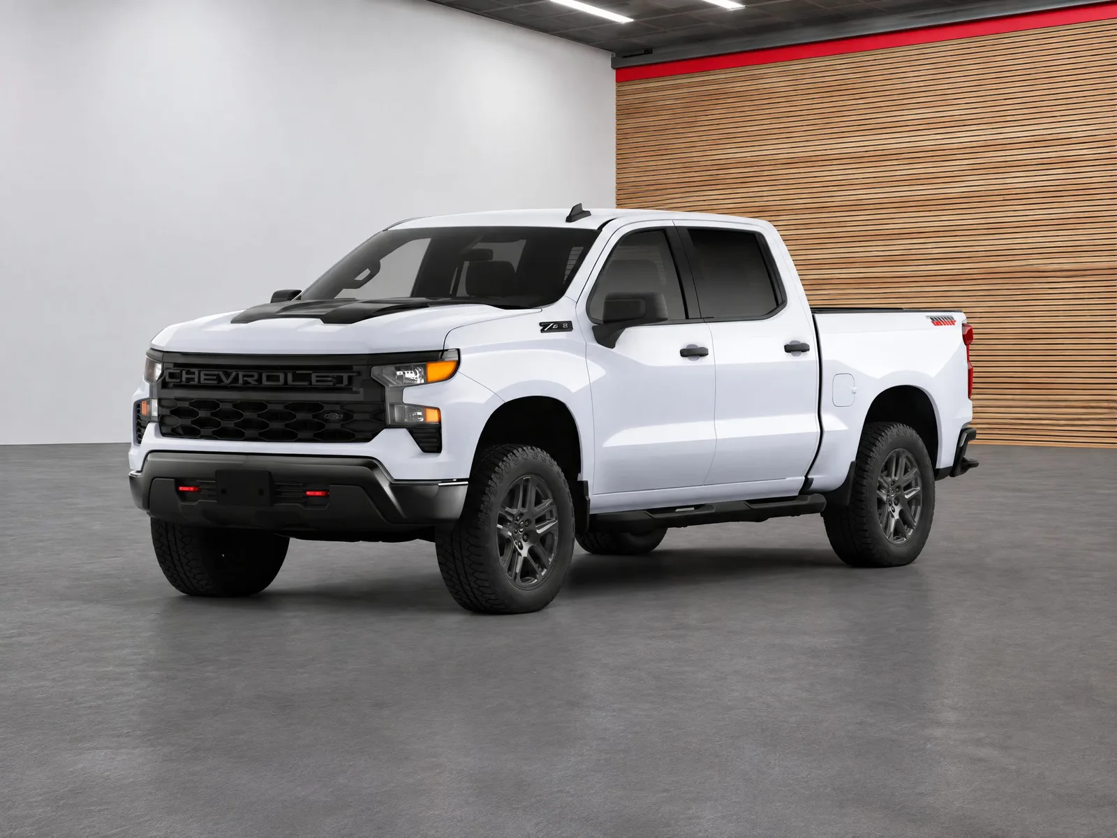Pickup truck on the “White wall and wood-slat showroom” background.