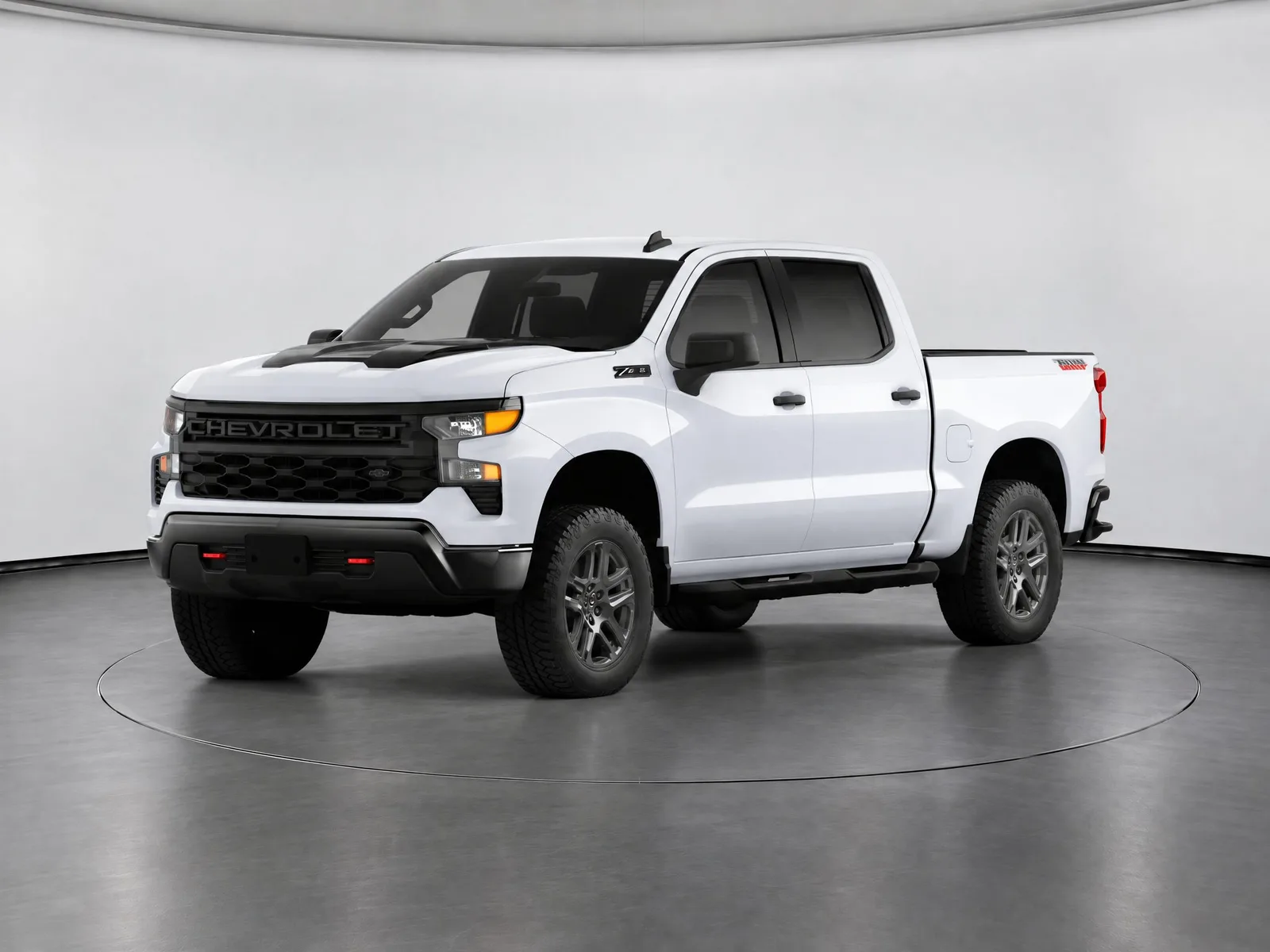 Pickup truck on the “White backdrop, graphite floor, ring” background.