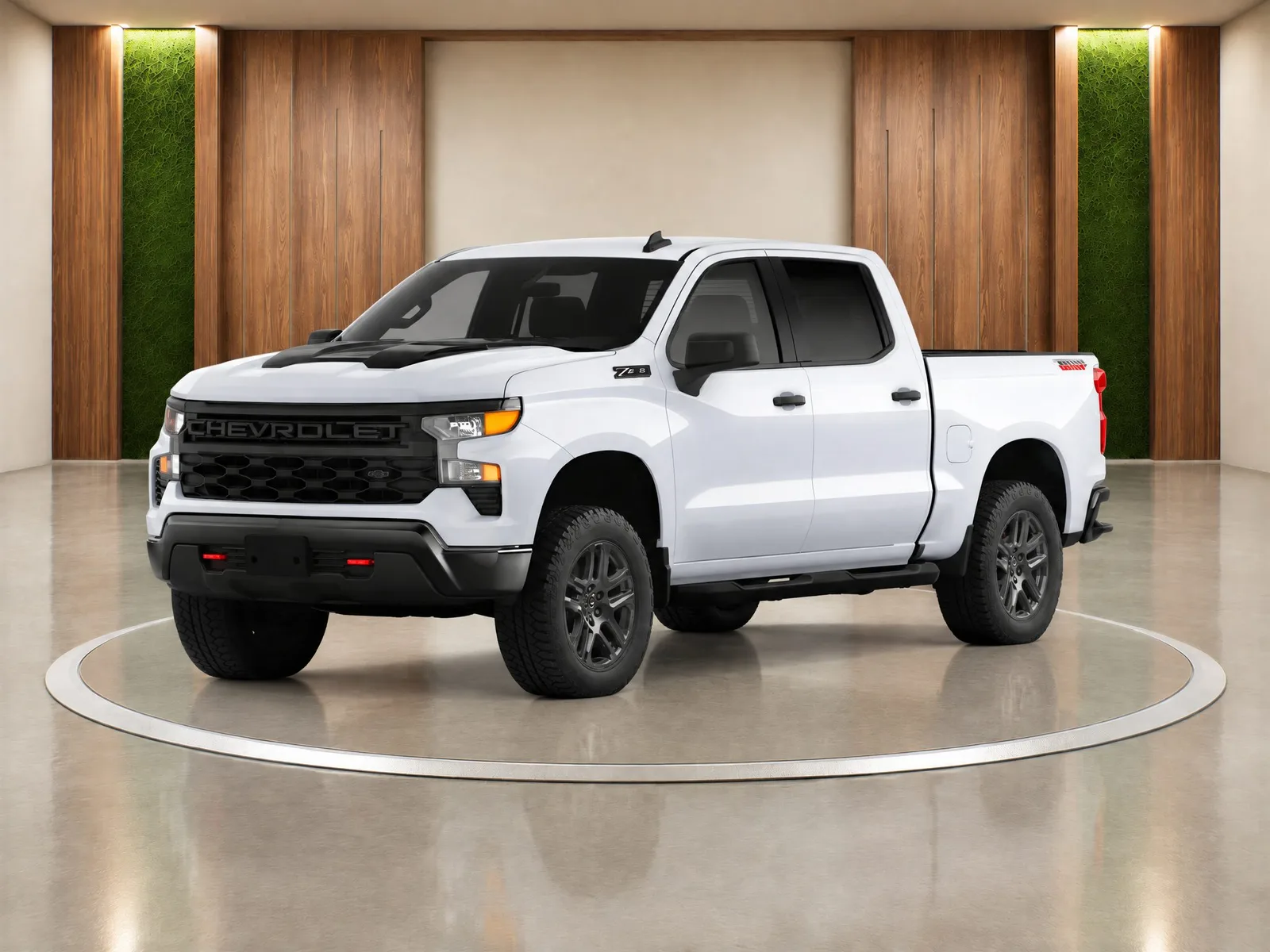 Pickup truck on the “Walnut & moss showroom” background.