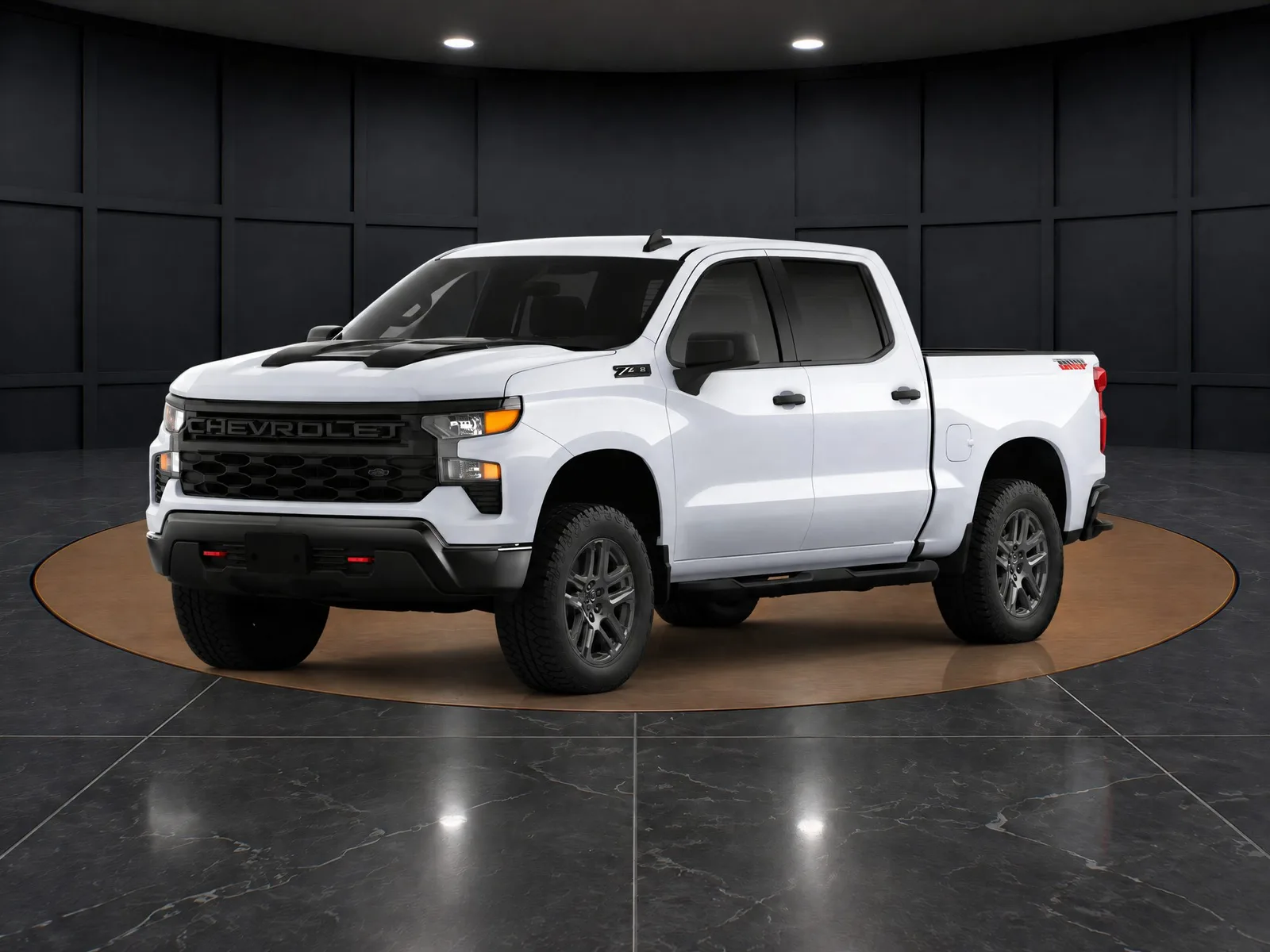 Pickup truck on the “Black panel room, oak turntable” background.