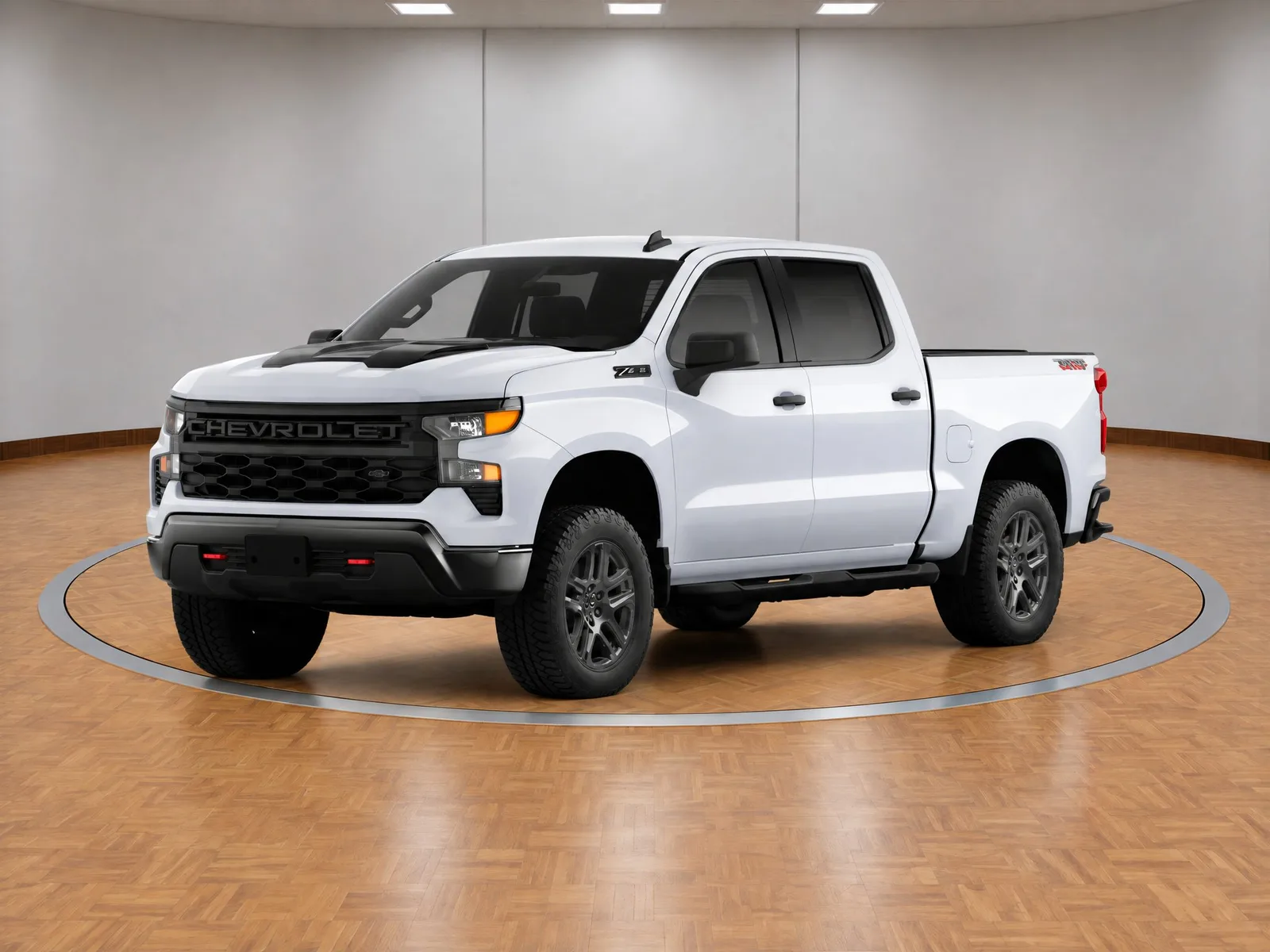 Pickup truck on the “White panel room, parquet floor, ring” background.