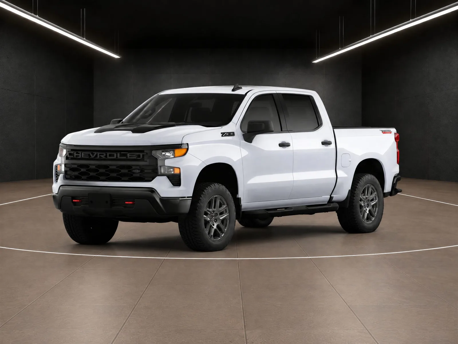 Pickup truck on the “Black stone room, light strips” background.