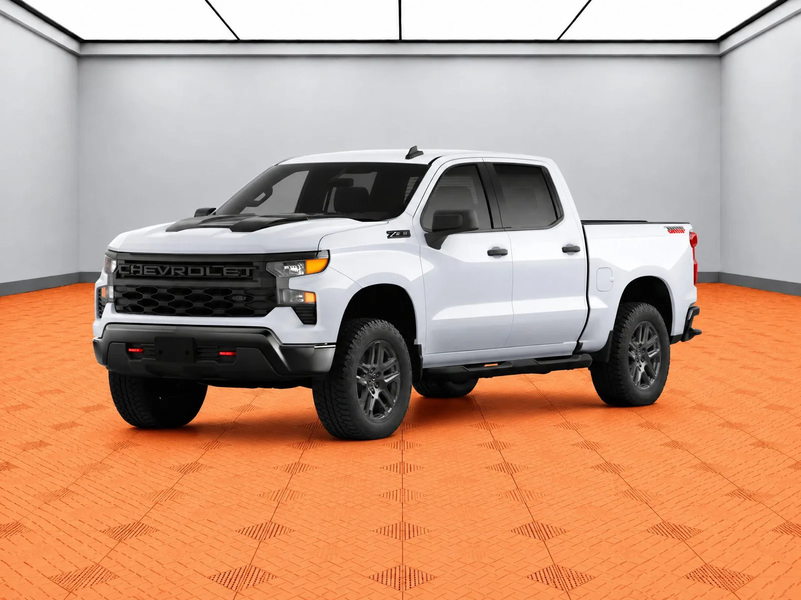 Pickup truck on the “Orange tile garage floor” background.