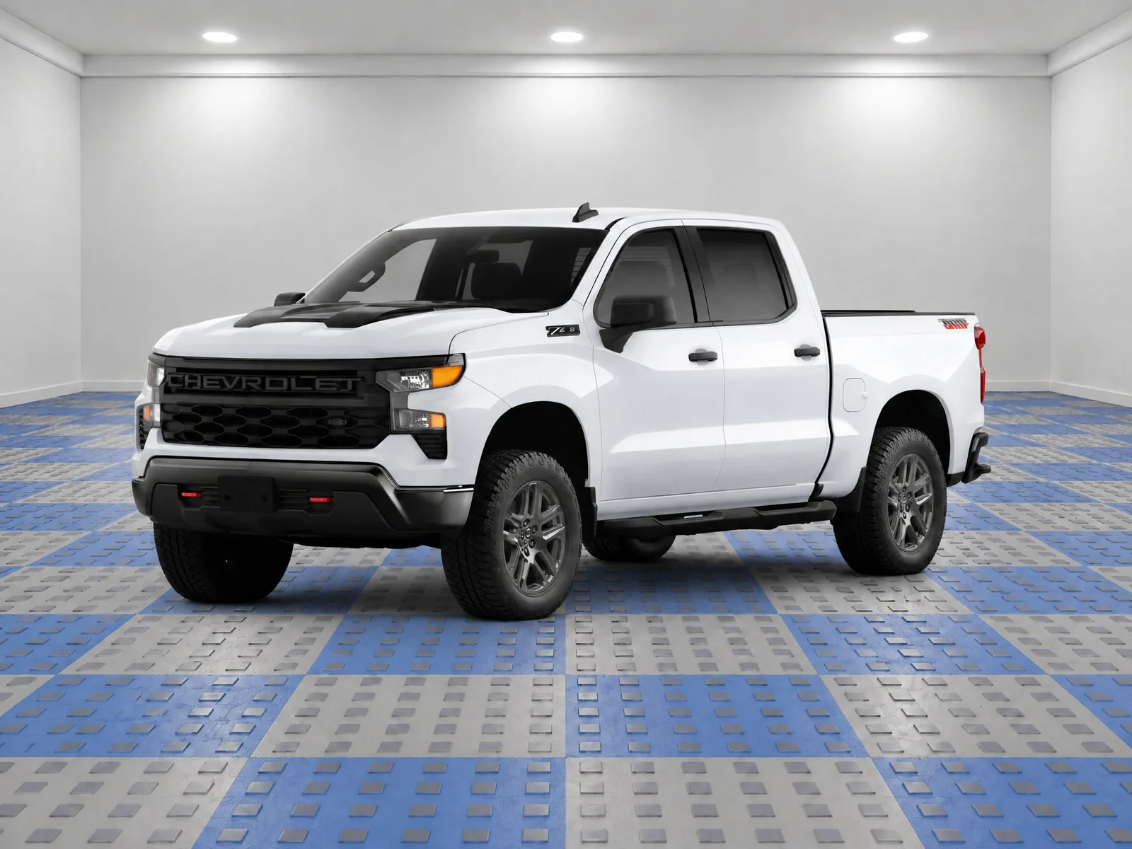 Pickup truck on the “Blue-grey tile garage floor” background.