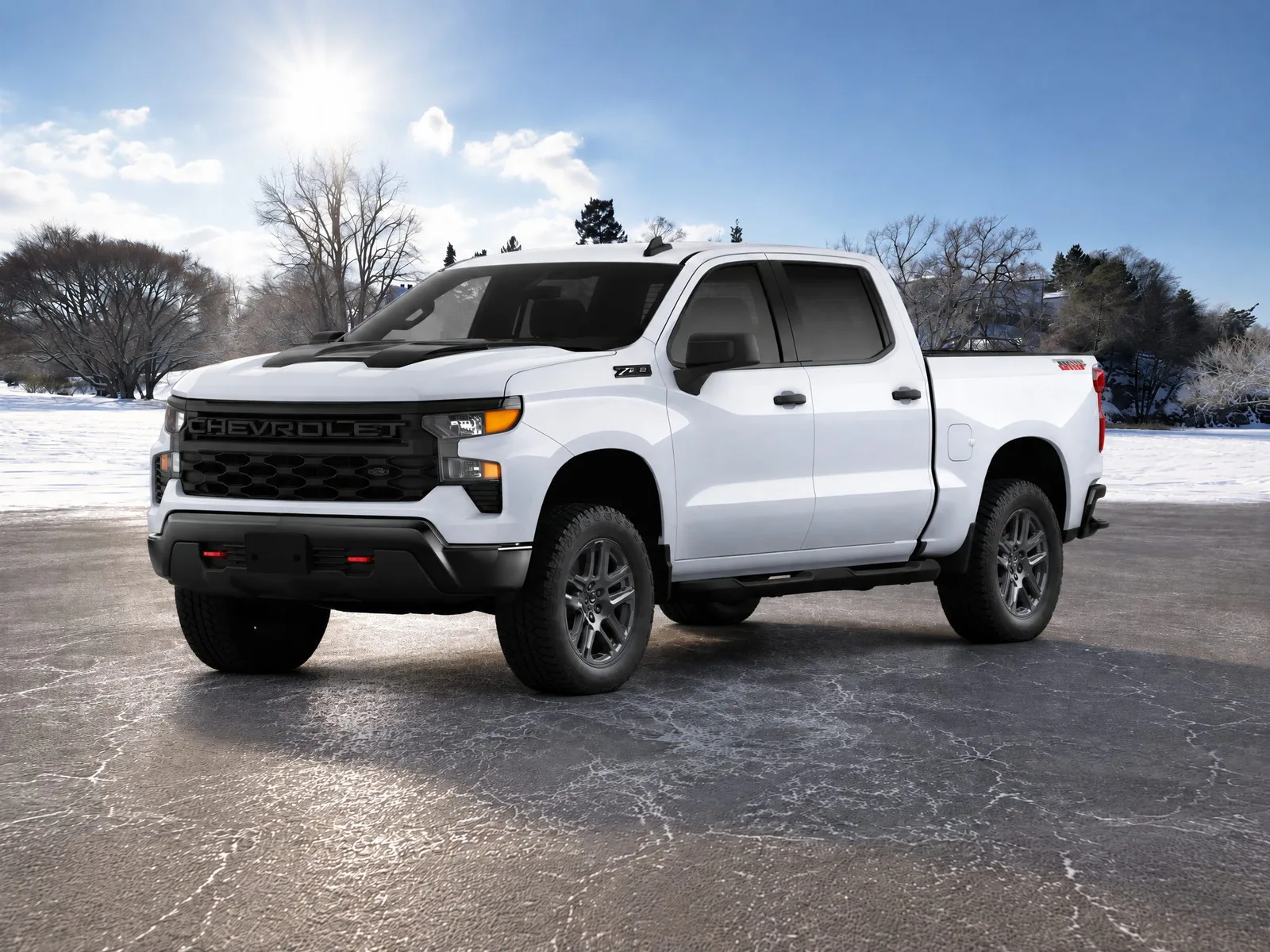 Pickup truck on the “Winter park, wet asphalt” background.