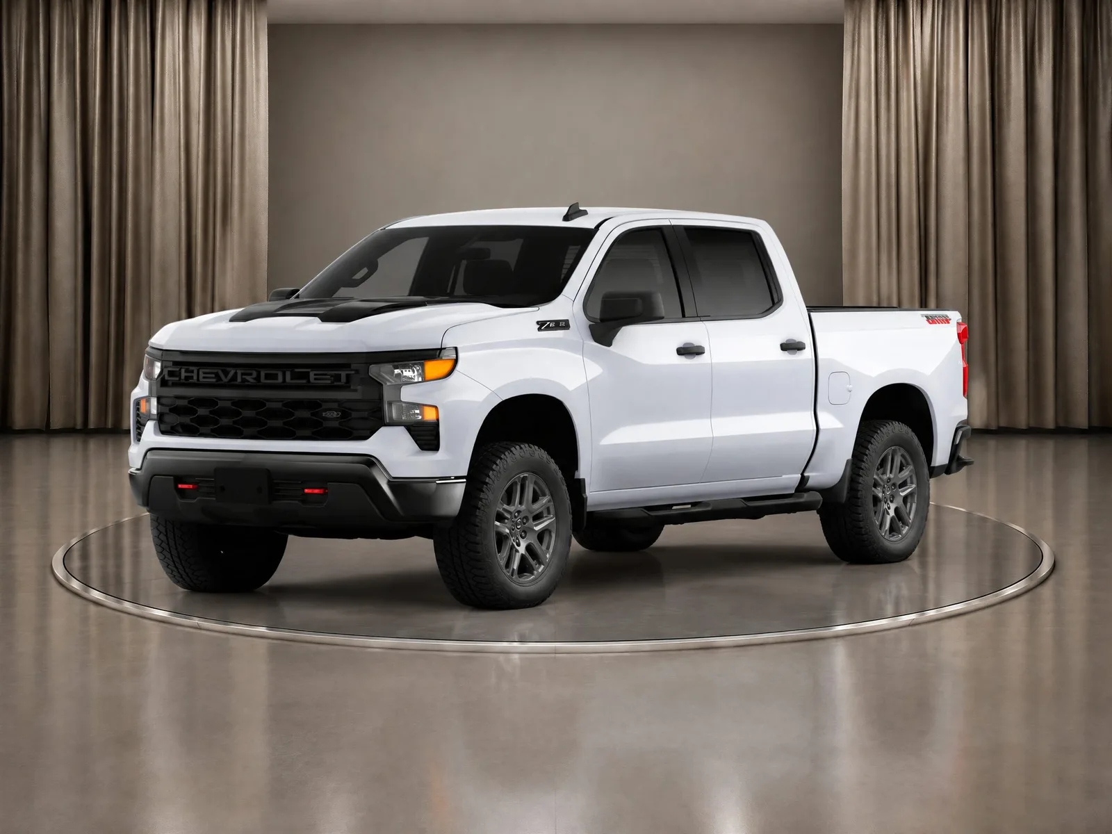 Pickup truck on the “Taupe curtains, steel turntable” background.