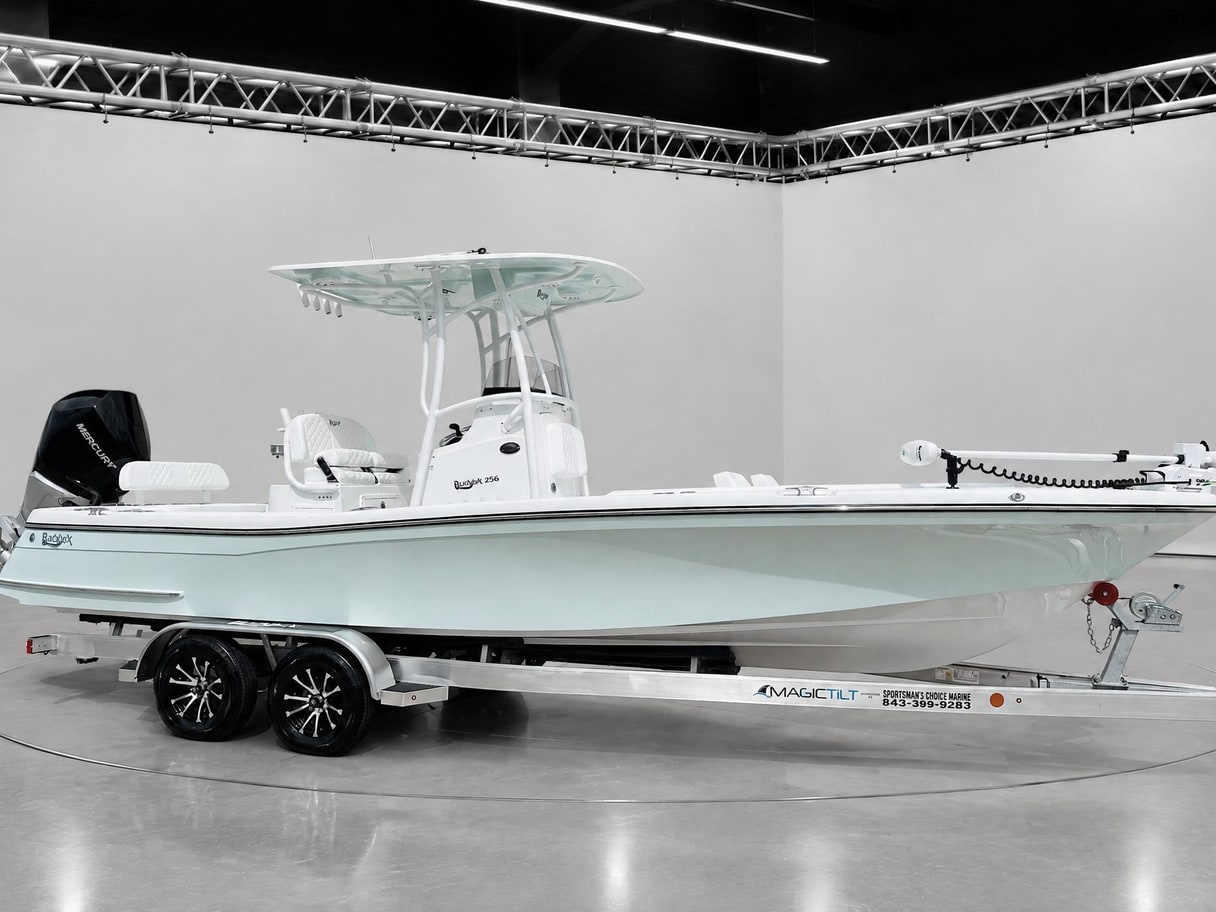 The same Blackjack on its trailer in a white studio under steel lighting trusses.