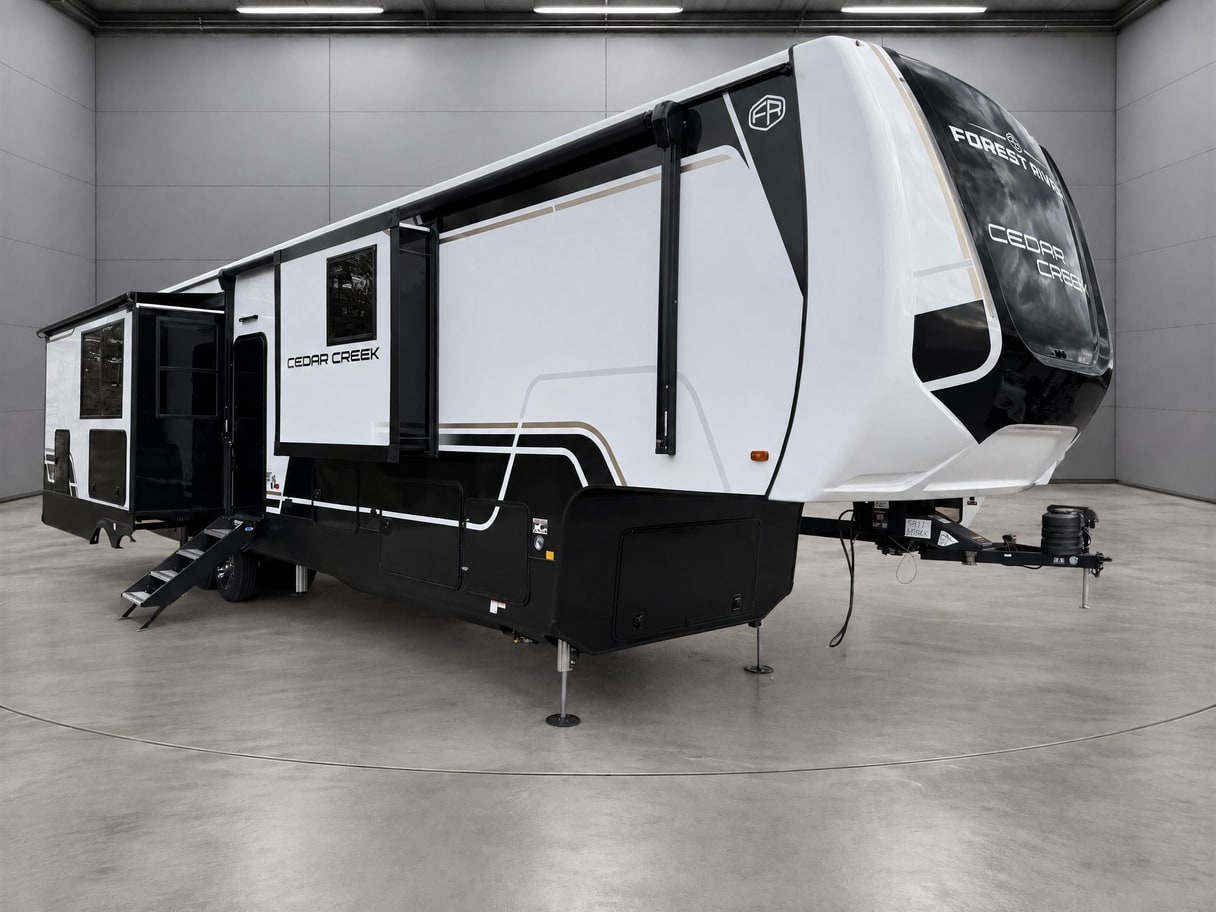 The same Cedar Creek fifth wheel in a grey paneled hall with lights overhead.